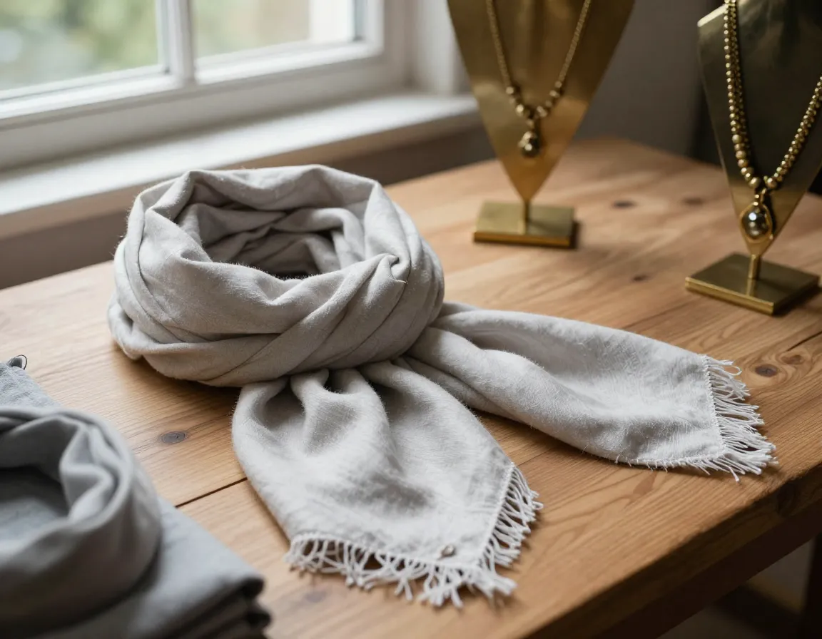 Handcrafted scarves and jewelry display at studio